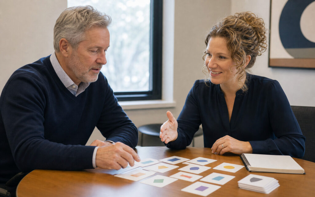 A Conscious Growth Partners principal mapping a client situation during a download session.