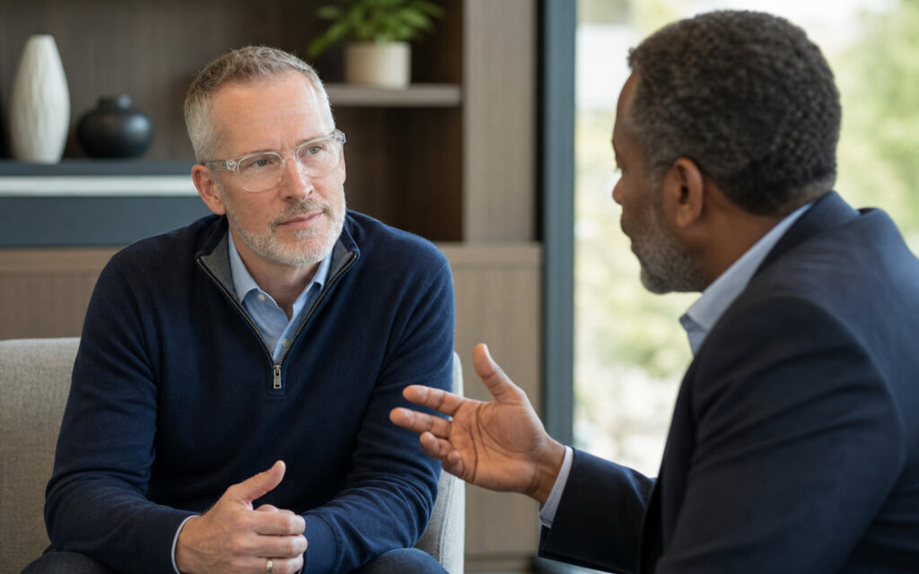 Illustrative scene of a CGP principal in an executive coaching conversation with a leader.