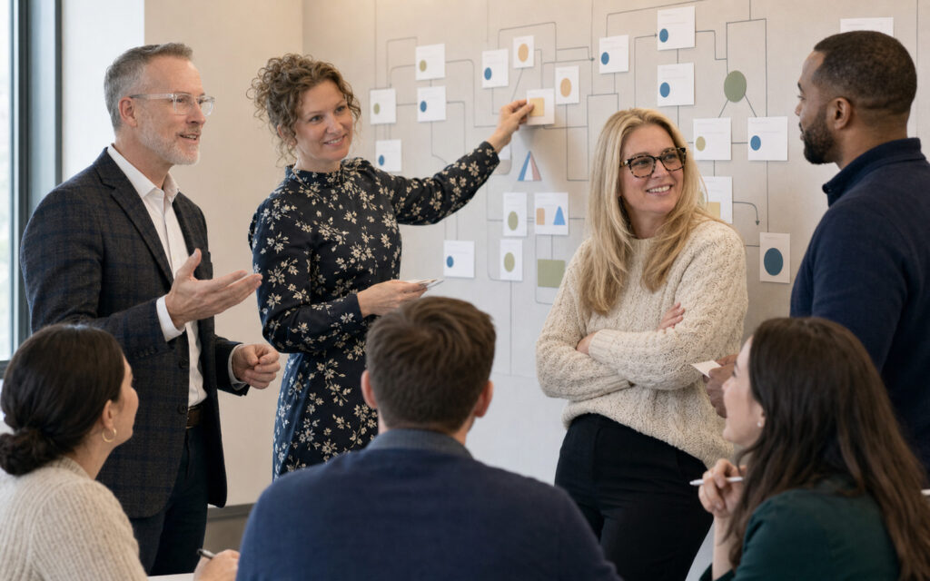 Illustrative scene of CGP principals mapping organizational accountability with a leadership group.