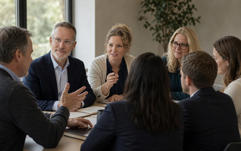 Illustrative scene of CGP principals working with a leadership team during a transition.