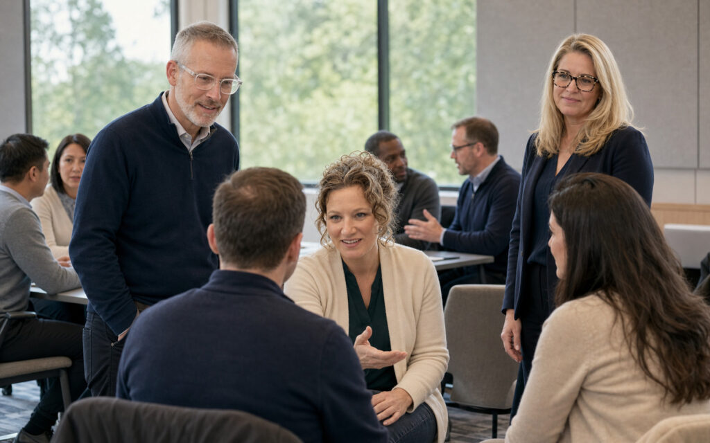 Illustrative scene of CGP principals guiding paired conversation practice during a workshop.