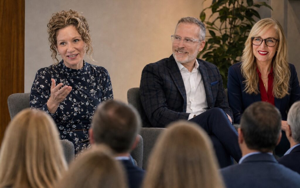AI-assisted illustration of Marianne Pantalon, David C. Tate, and Karen A. Collins speaking at a leadership forum.