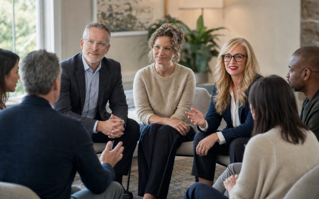 AI-assisted illustration of Marianne Pantalon, David C. Tate, and Karen A. Collins facilitating a leadership team conversation.