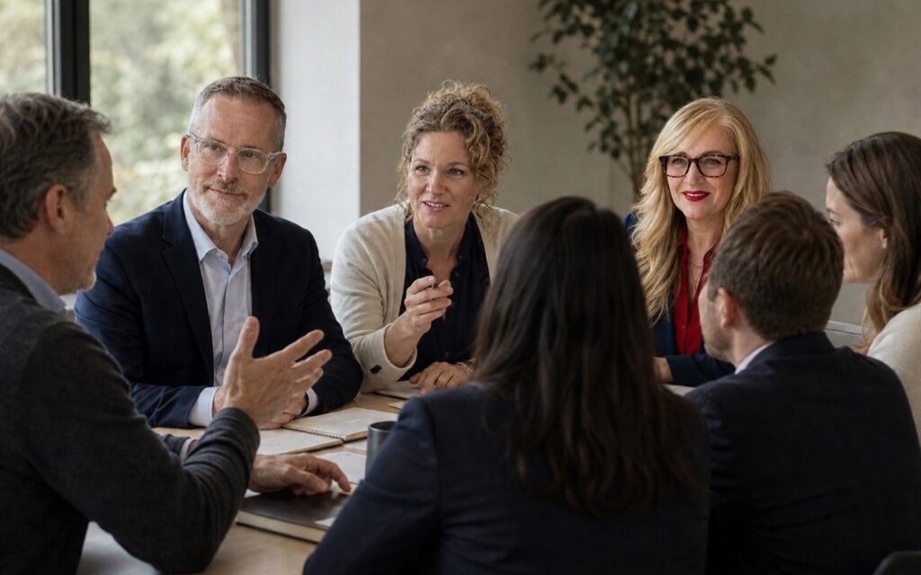 AI-assisted illustration of Marianne Pantalon, David C. Tate, and Karen A. Collins working with a leadership team during a transition.