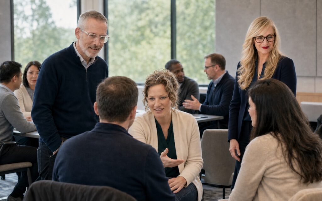 AI-assisted illustration of Marianne Pantalon coaching leaders during conversation practice.