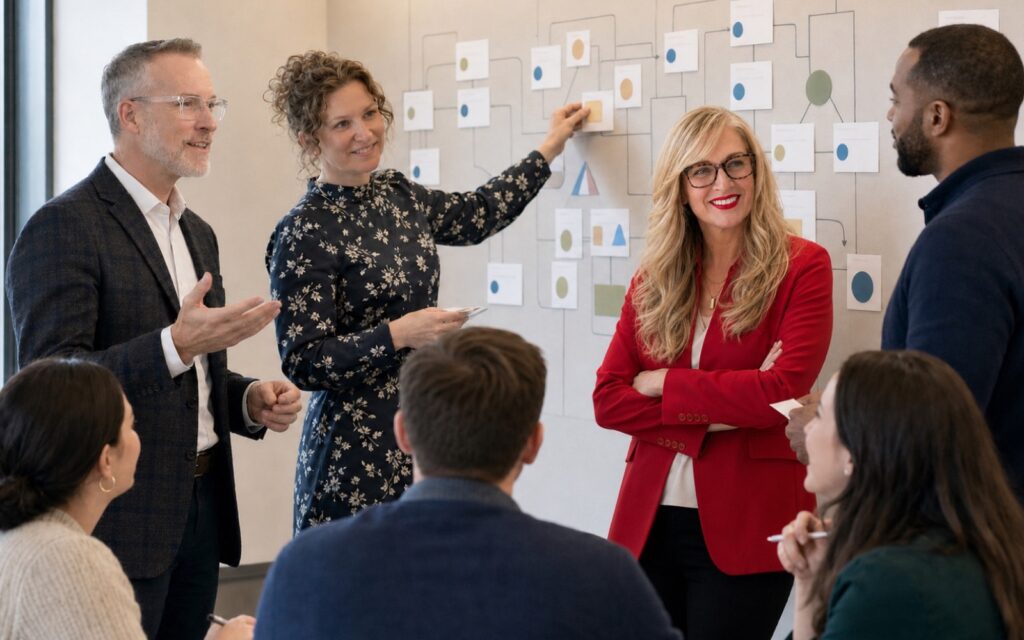 AI-assisted illustration of CGP principals mapping organizational accountability with a leadership group.